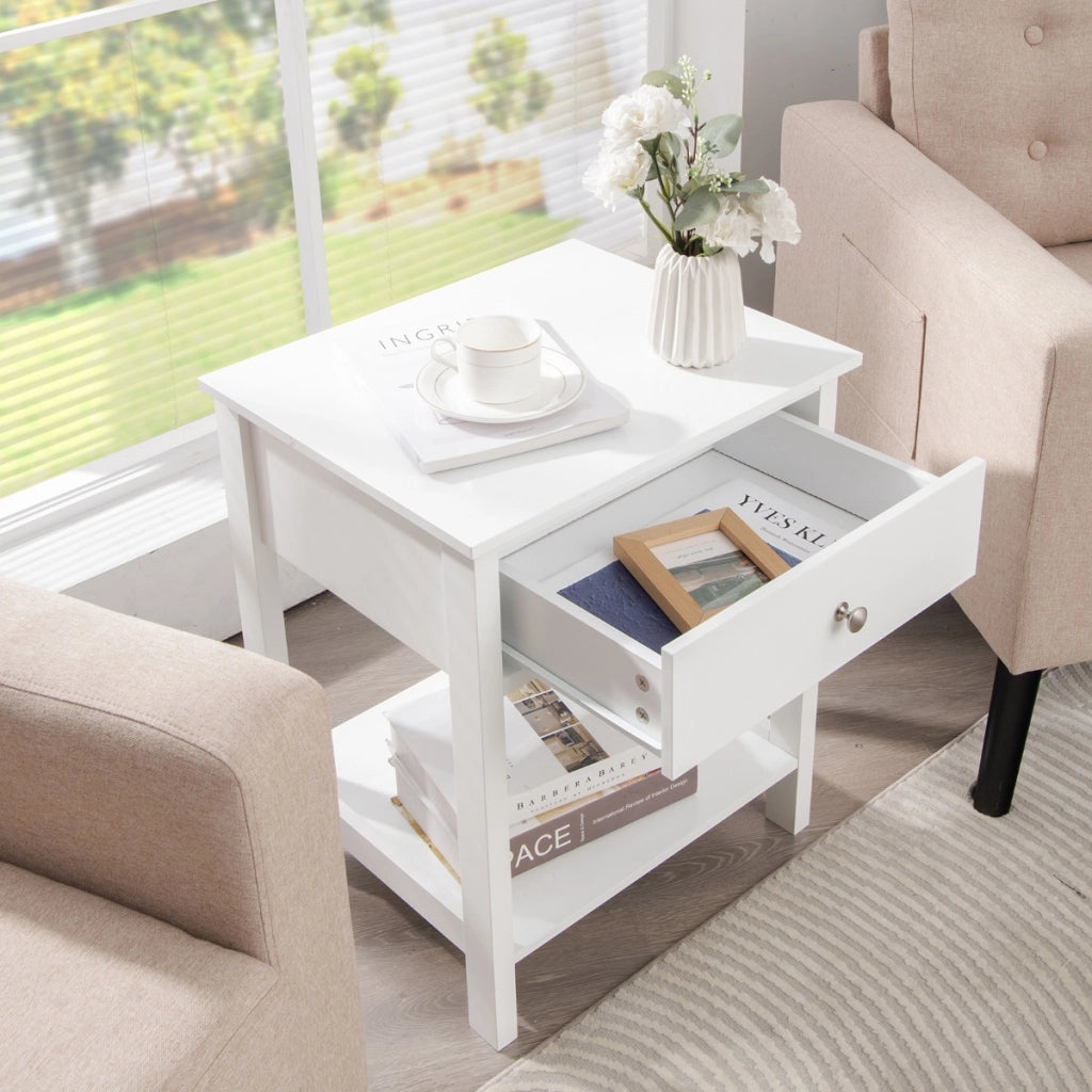 Set 2 comodini moderni con cassetto e mensola-Tavolini con 2 livelli per salone camera da letto corridoio Bianco