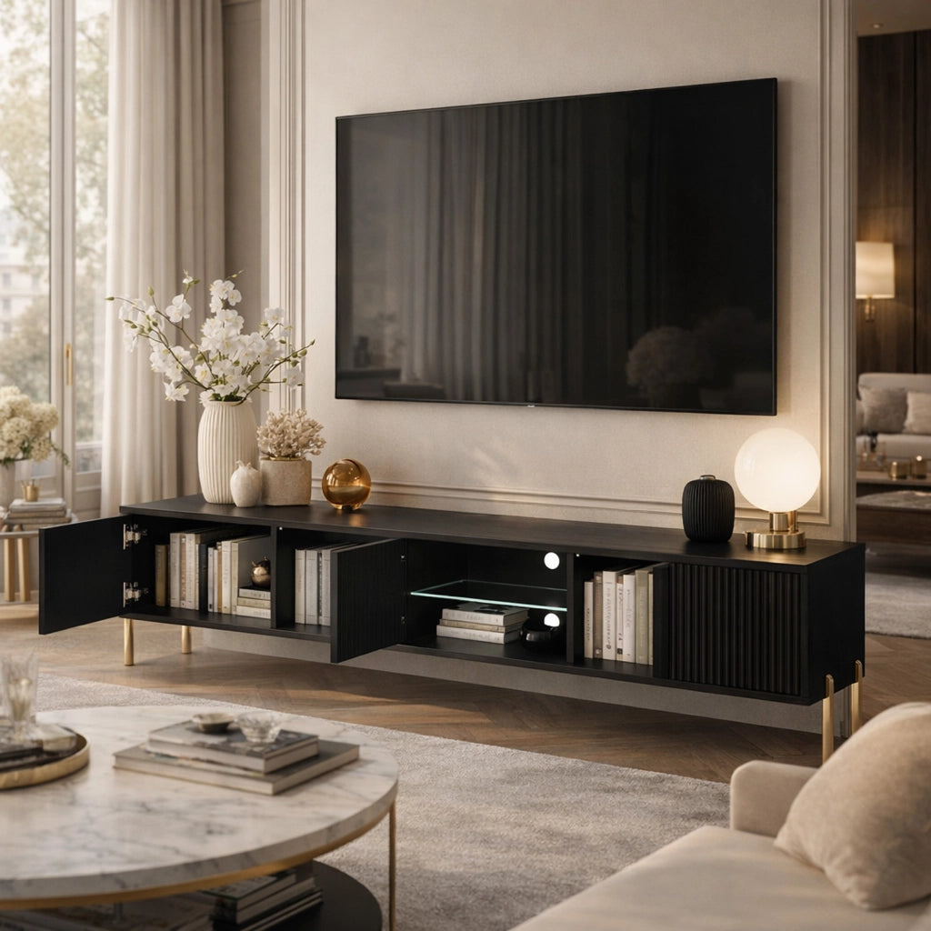 Mobile Porta TV Con 3 Ante A Doghe Verticali Vano Centrale Con Passacavi Design Moderno In Melaminico Per Soggiorno Salotto 175 X 31 X 47 Cm Nero