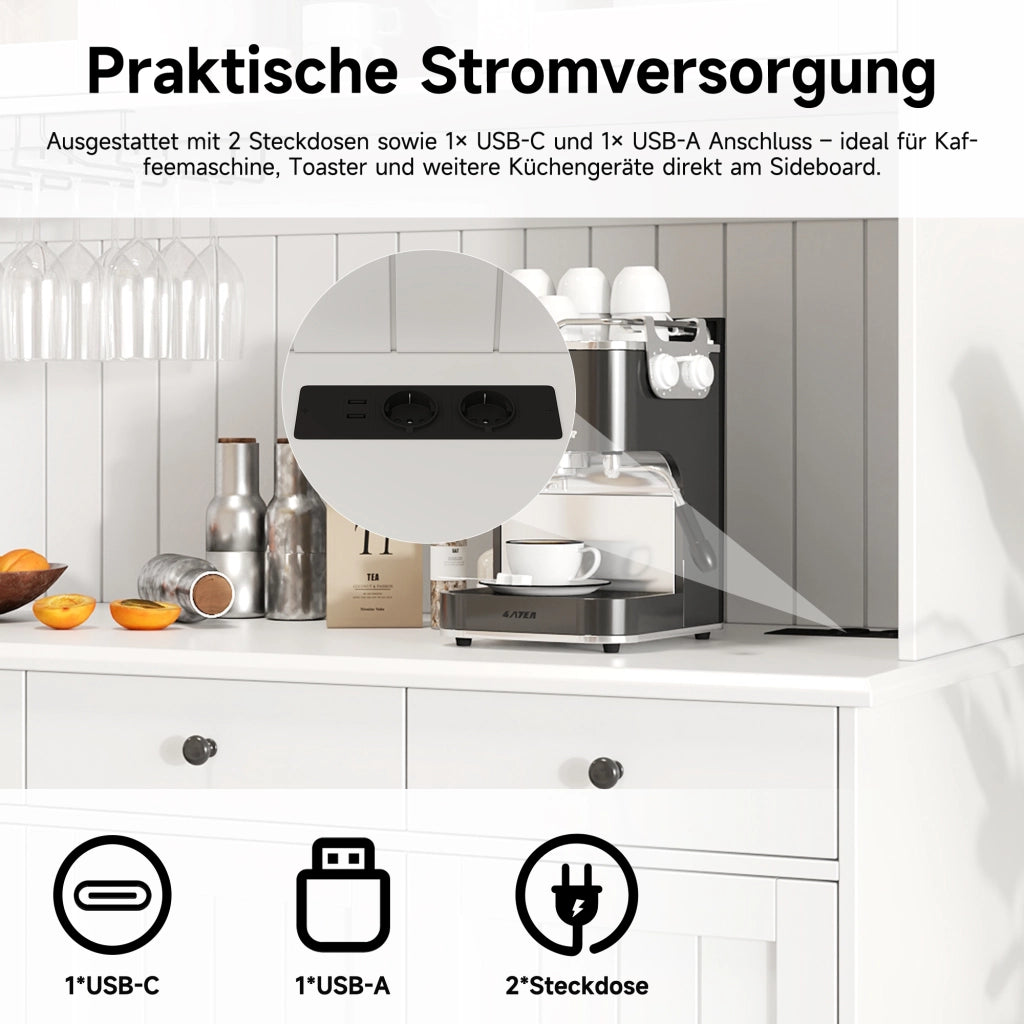 OKWISH Credenza Alta da Cucina con Ante in Vetro, 1 Cassetto, Mobile Inferiore, Portabicchieri e Prese, 120×40×191 cm