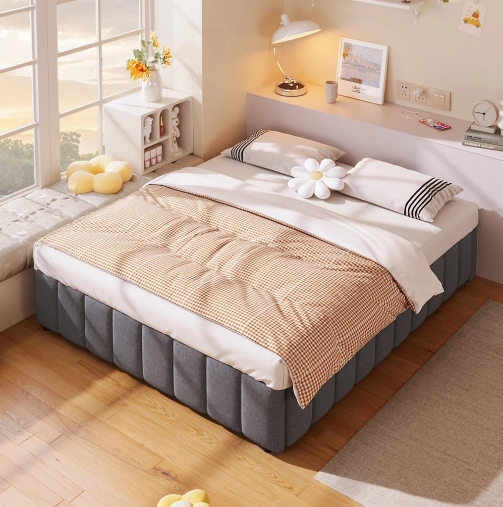 Letto imbottito 140x200 cm in lino grigio con contenitore idraulico