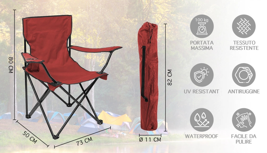 Sedia Camping Pieghevole Struttura In Acciaio Con Tasca PortaBevande Campeggio Sedie Portatile Pescatore SalvaSpazio Impermeabile Antiruggine Vacanze Mare Spiaggia Lettino  Rosso