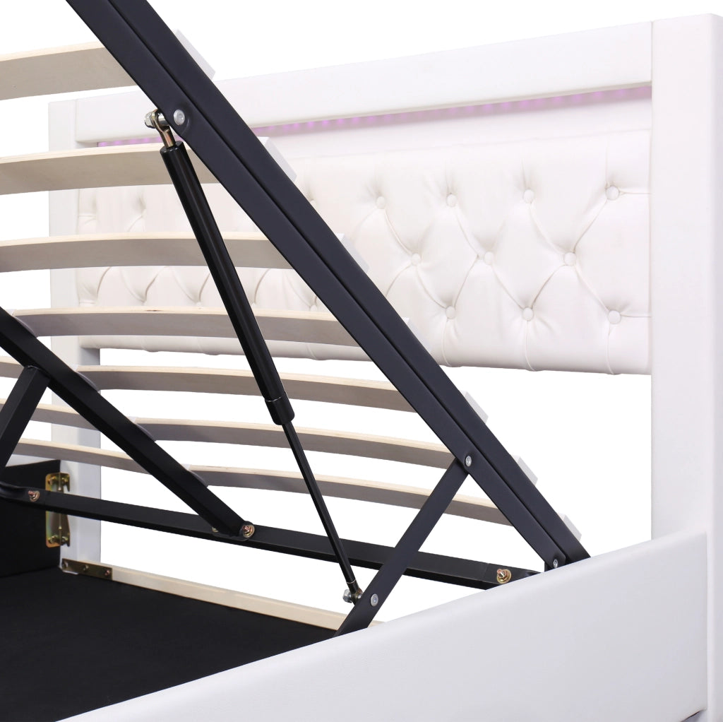Letto imbottito 160x200 cm; contenitore e LED; PU bianco (Senza materasso)