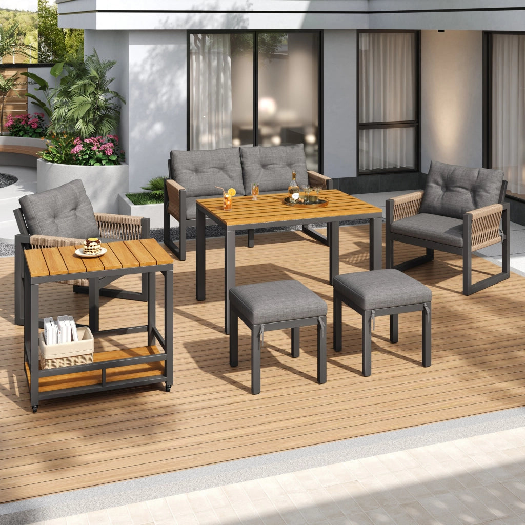 Set Divanooi esterni lounge: struttura ferro; braccioli intrecciati; cuscini seduta inclusi + tavolo