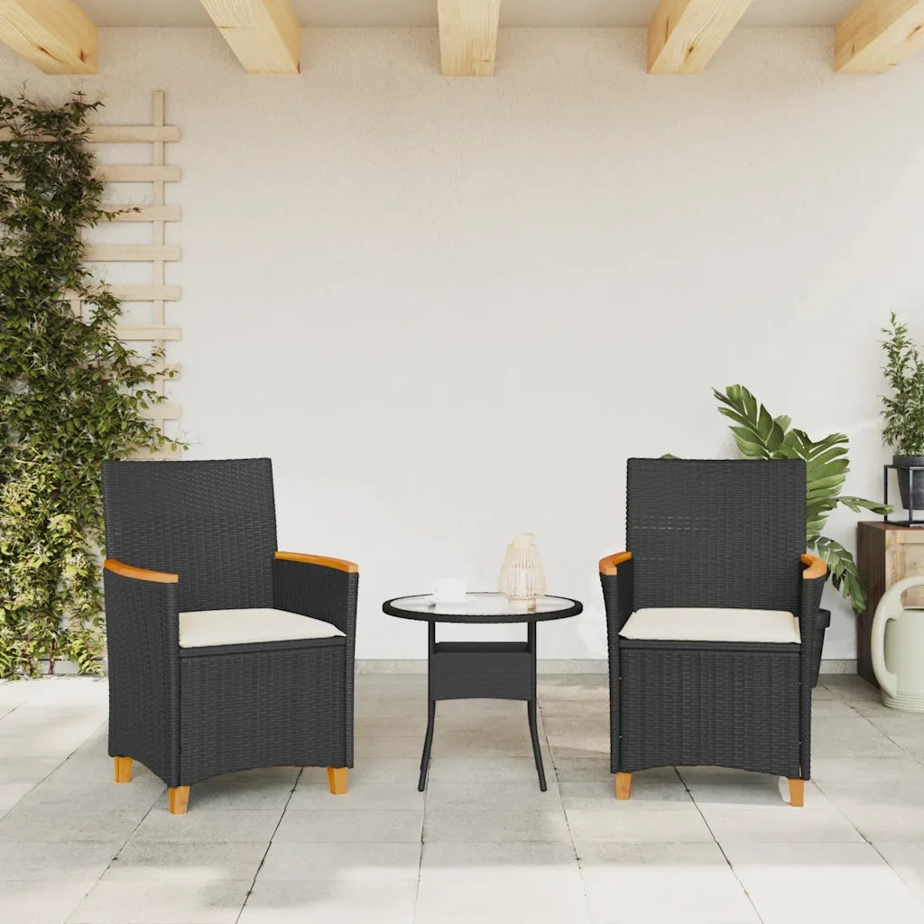 Sedie Giardino con Cuscini 2 pz | Sedie da Esterno Nere Polyrattan e Legno Massello