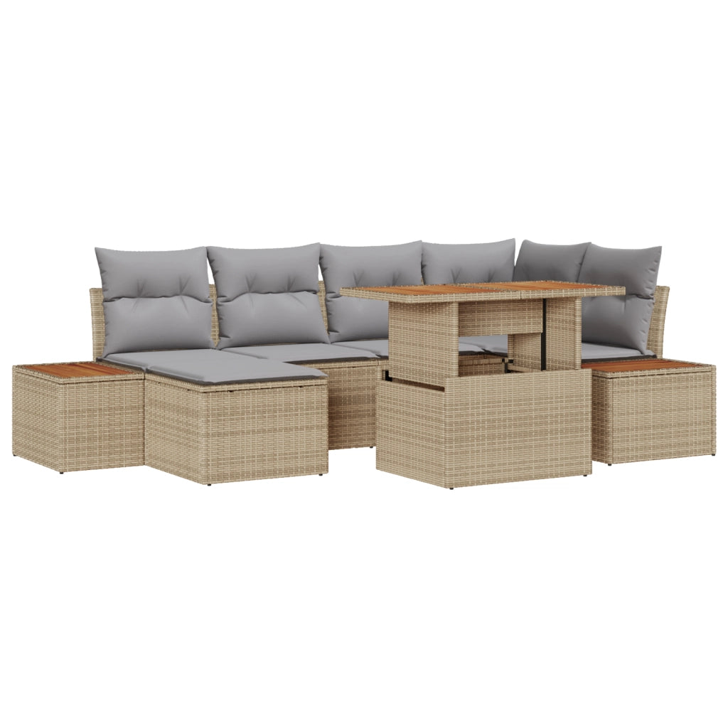 Set da Pranzo da Giardino 7 Pezzi con Cuscini Beige in Polyrattan e Acacia