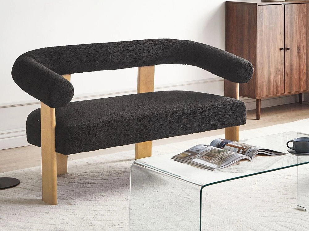 Divano a 2 posti Boucle nero e Marrone chiaro stile retrò gambe in legno