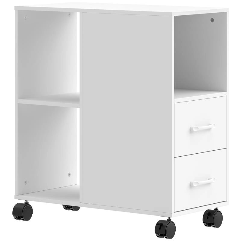 TAVOLINO CON RUOTE MINIMAL CON 2 CASSETTI, VANO APERTO E RIPIANO REGOLABILE, IN LEGNO, 60X30X65 CM, BIANCO