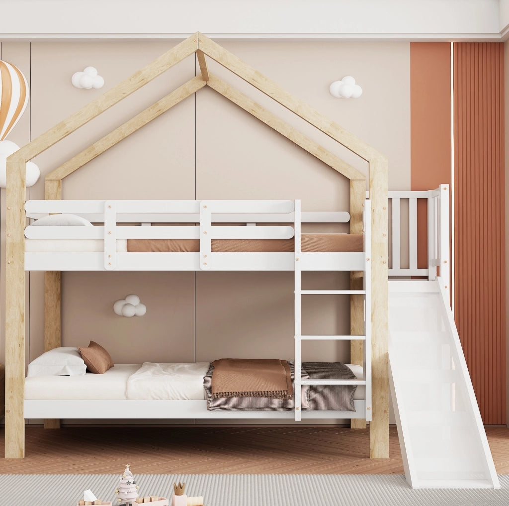 Letto a castello per bambini a casetta con scivolo 90x200 cm