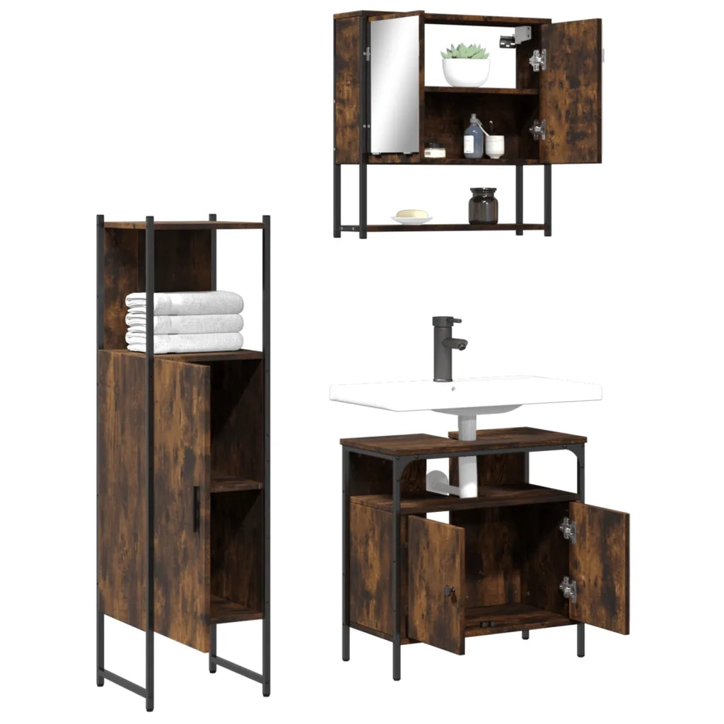 Set Mobili da Bagno 3 pz Rovere Fumo in Legno Multistrato 3214697