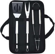 Set di barbecue in acciaio inossidabile a 3 pezzi con tasca portatile, pinza e cucchiaio per la cottura all'aperto e il campeggio.