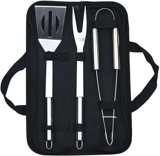 Set di barbecue in acciaio inossidabile a 3 pezzi con tasca portatile, pinza e cucchiaio per la cottura all'aperto e il campeggio.