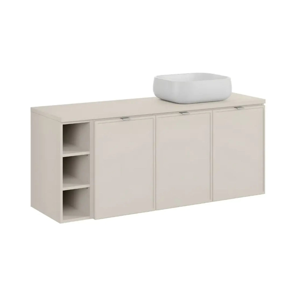 Insieme BRAZZA: mobili sotto lavabo 140cm con nicchie visibili + piano per lavabo + lavabo rotondo da appoggio