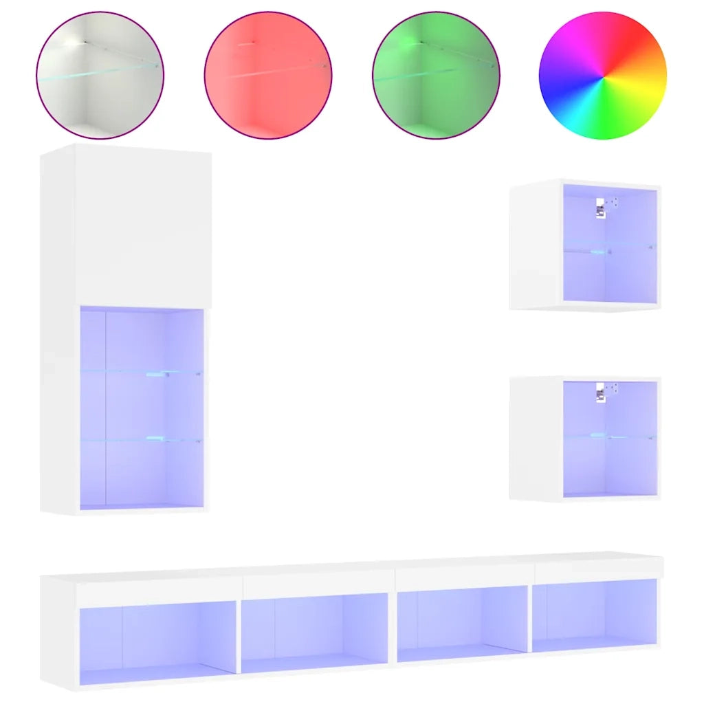 Mobili TV a Muro con LED 5pz Bianchi in Legno Multistratocod mxl 134432