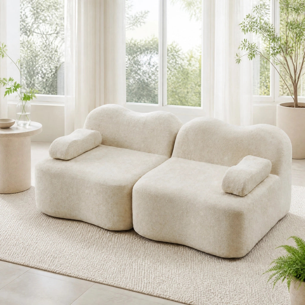 Divano modulare a 2 posti senza struttura, forma ondulata, velluto beige, pronto all’uso