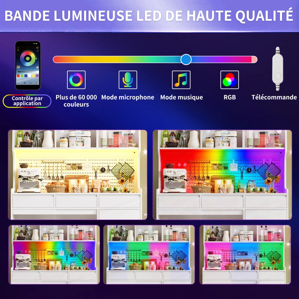 Credenza Alta con Ante Scorrevoli e LED con controllo da applicazione; in MDF e Vetro; 145 x 39 x 171 cm; Bianco