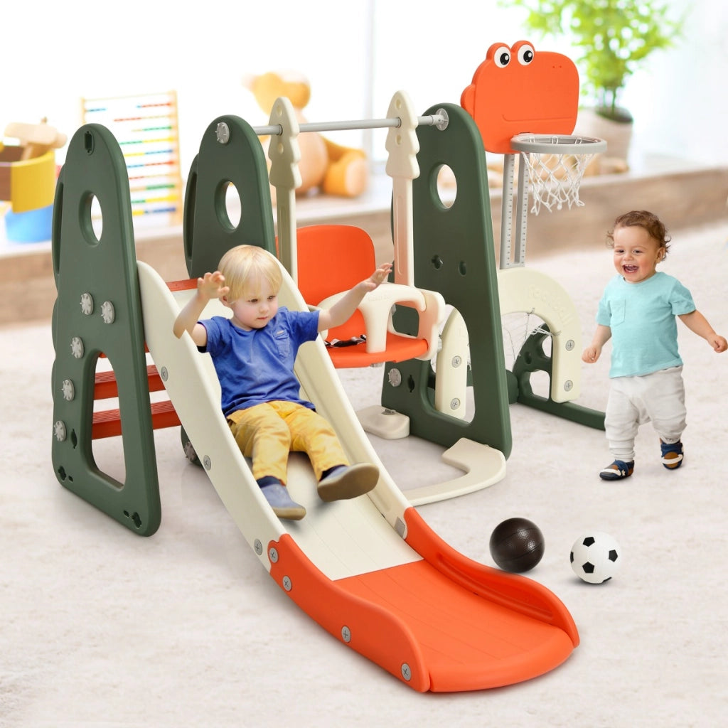 Set 6 in 1 scivolo con canestro per bambini per interni, Set giochi con altalena e porta da calcio Arancione-Arrampicate e scivoli