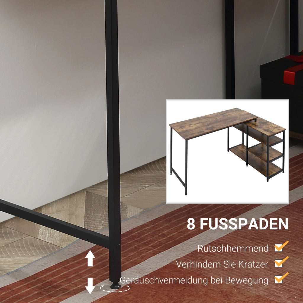 Scrivania angolare con 3 ripiani, per ufficio e home office, in truciolato e acciaio, nero, 135 × 90 × 79 cm