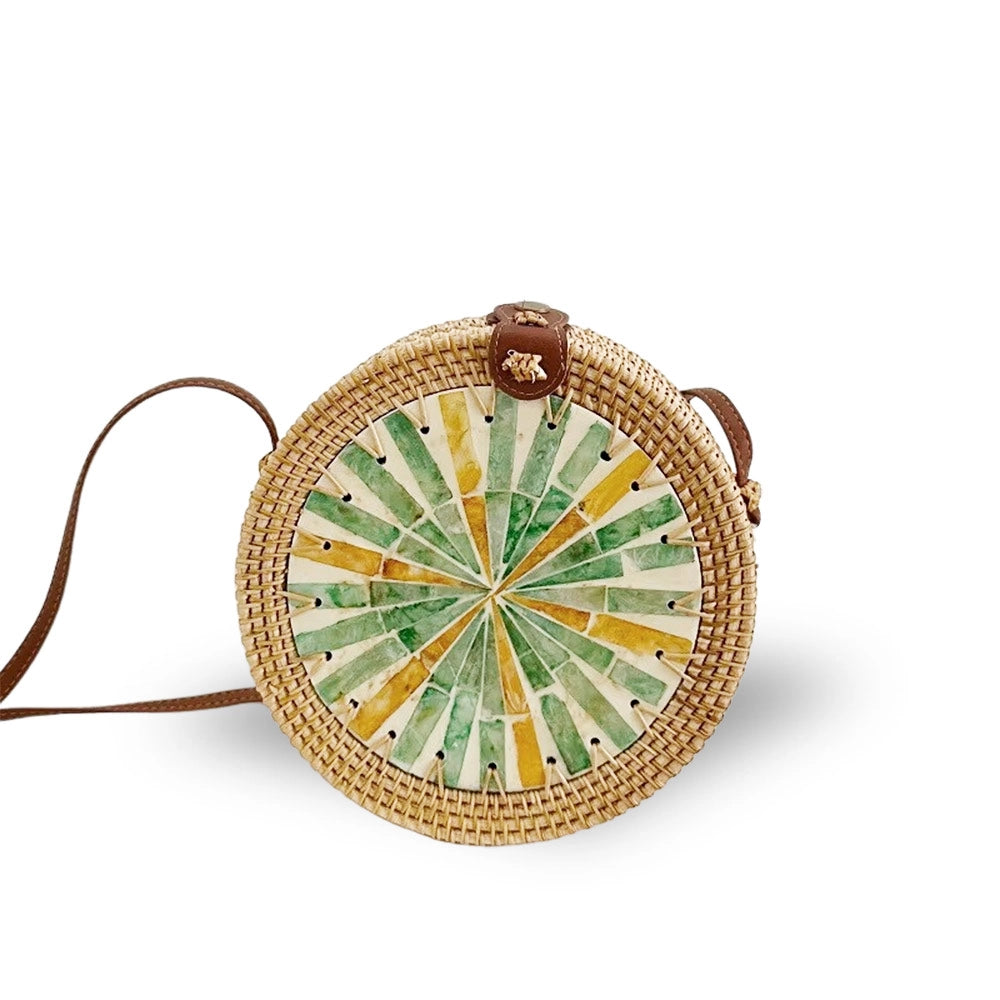 Borsetta rotonda in vimini intrecciato con tracolla simipelle marrone cm 20x8,5