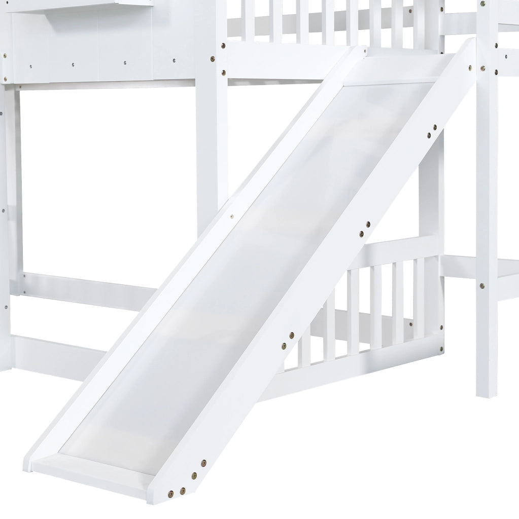 Letto a castello 90x200 cm con scivolo e finestre in legno e MDF bianco