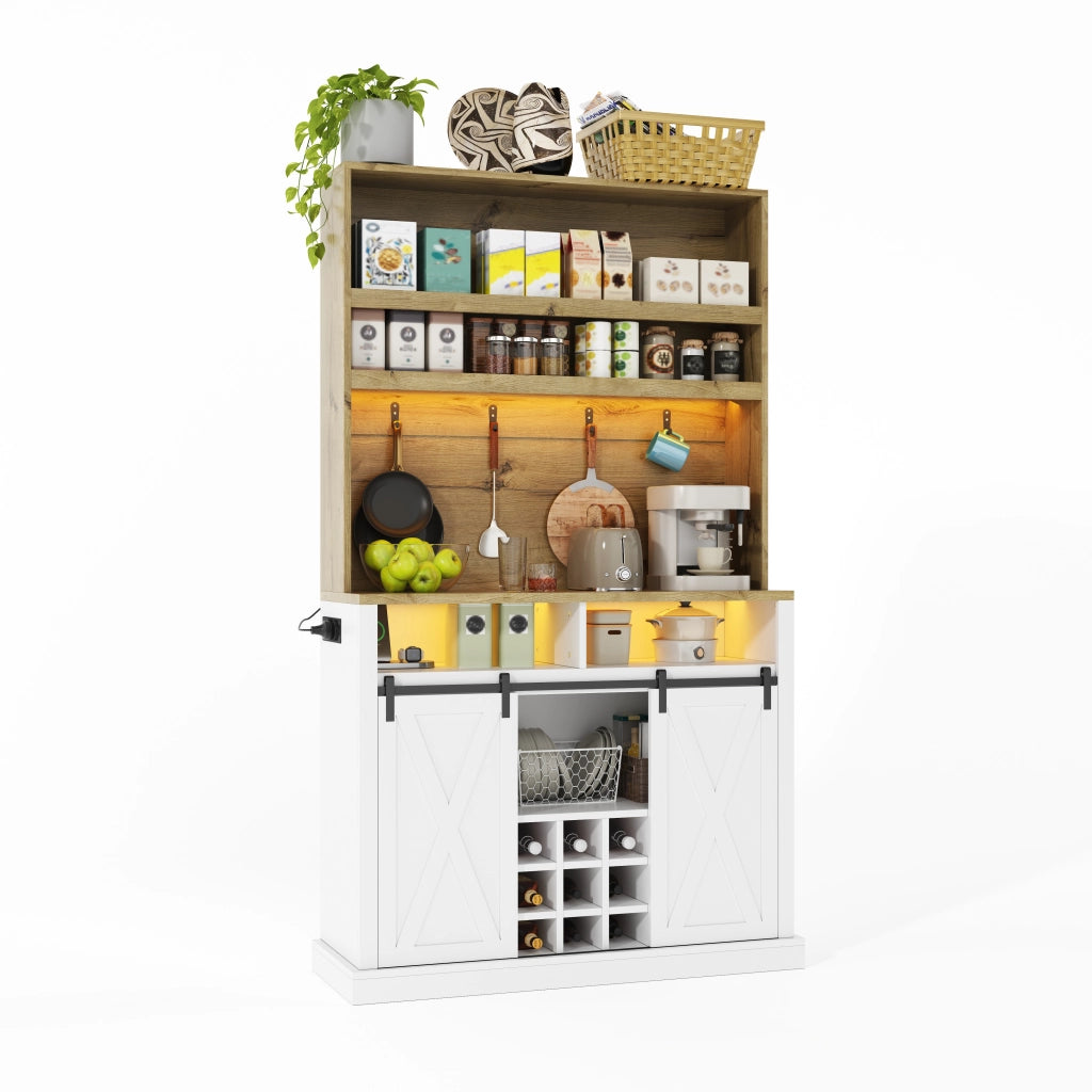 Credenza alta con ripiani; LED e prese USB; per cucina; in MDF; 110×40×191 cm; naturale bianco