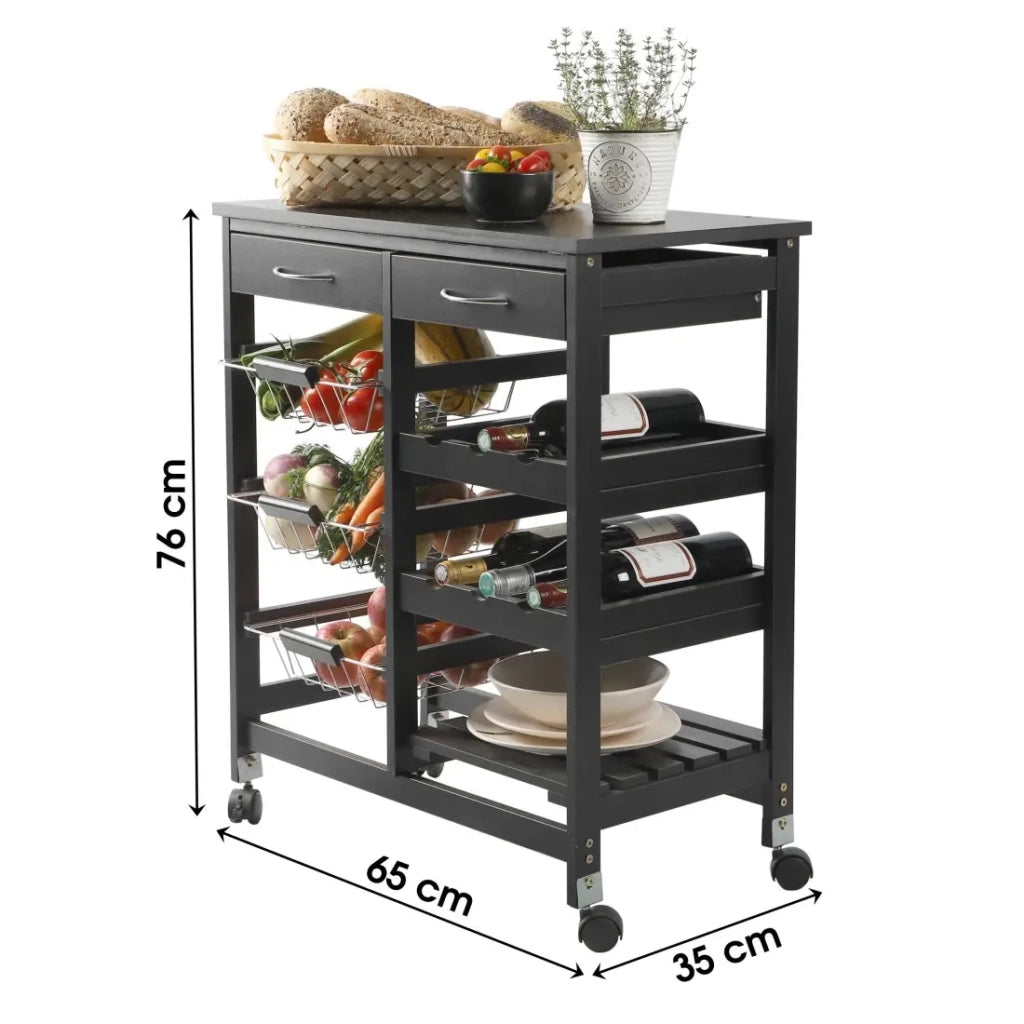 Carrello di servizio nero su ruote - 2 cassetti e 3 ripiani, dimensioni 65x35x76 cm