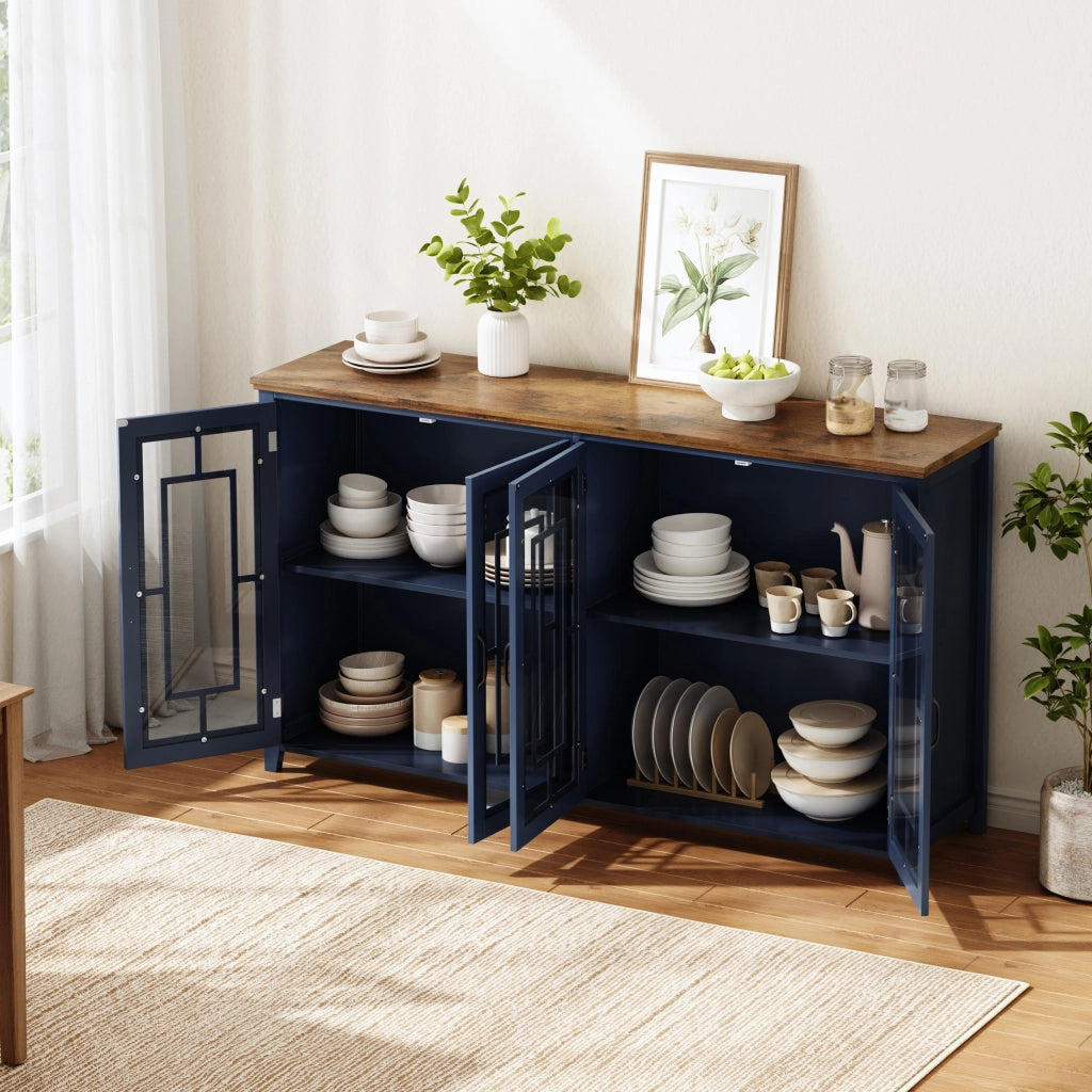 Credenza e madia con ante in vetro, 2 vani, piano effetto legno, in MDF, per cucina e soggiorno 160 × 40 × 86 cm