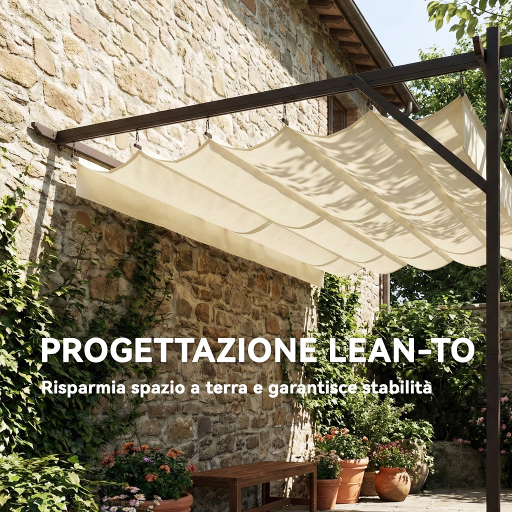 Pergola Addossata 3x3 m con Tetto Scorrevole e Fori di Drenaggio Crema