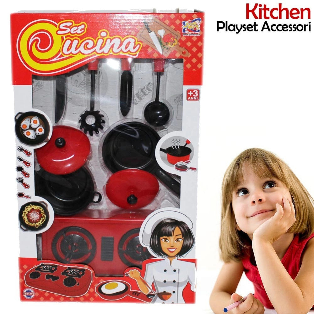Trade Shop - Set Cucina Per Bambine 7pz Con Piano Cottura Stoviglie Pentole E Accessori Gioco -