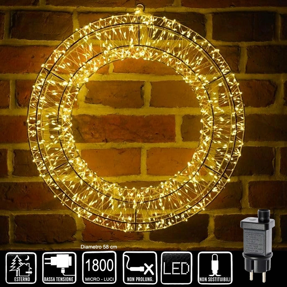 Ghirlanda Natalizia 3D in Metallo con 1800 Luci LED Diametro 58 cm da appendere