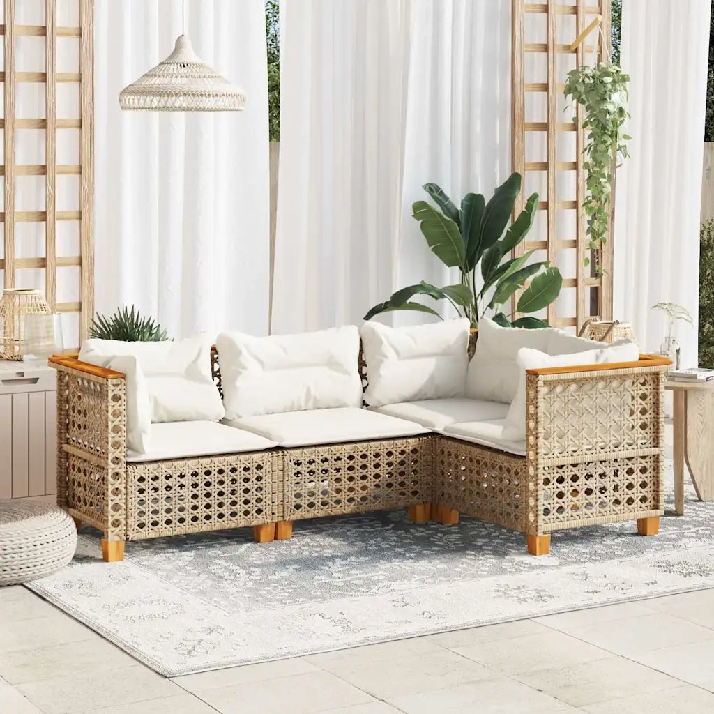 Set Divano da Giardino 4 pz con Cuscini Beige in Polyrattan