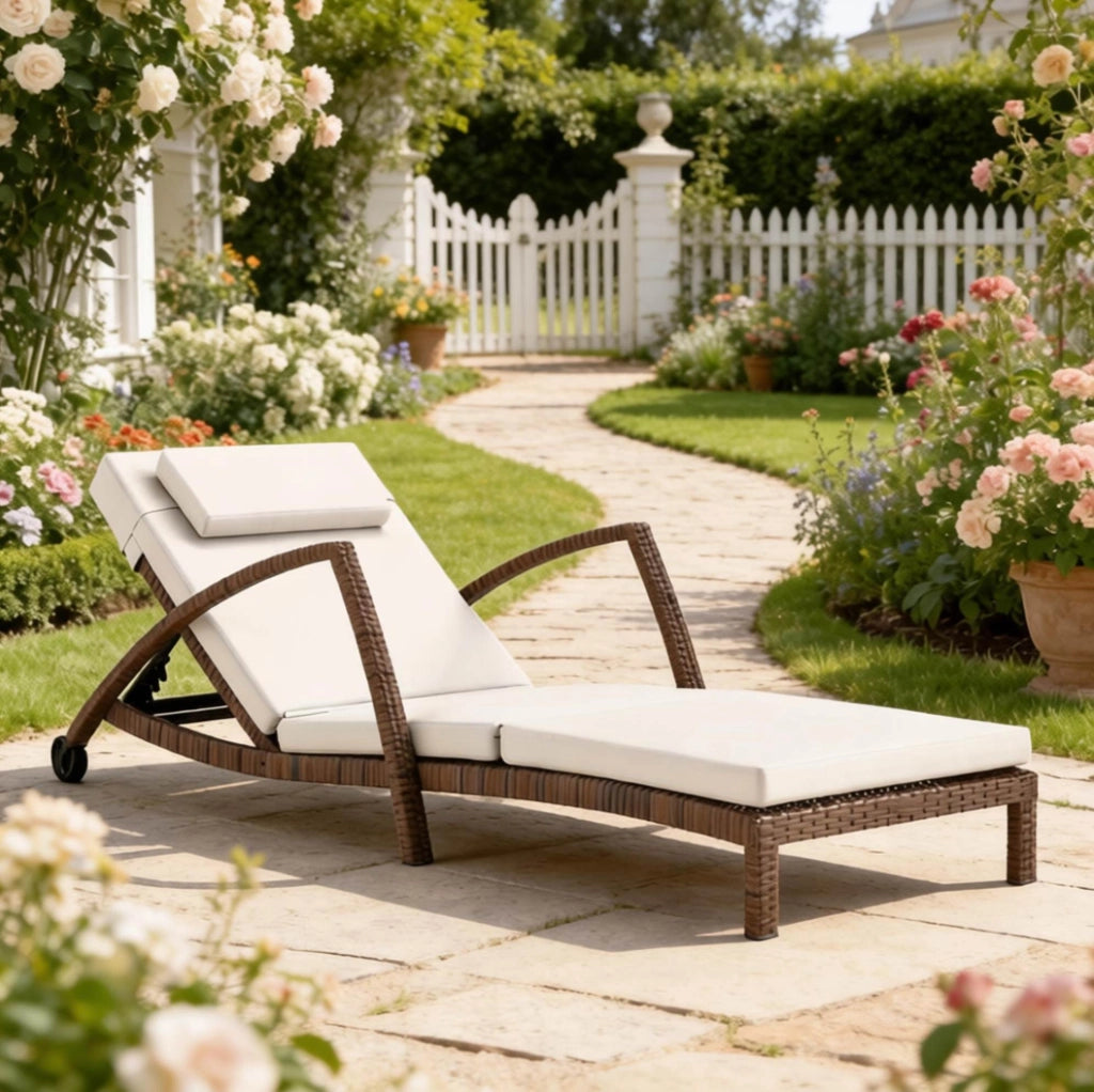 Chaise longue da giardino con ruote e schienale reclinabile a 5 posizioni; beige e marrone