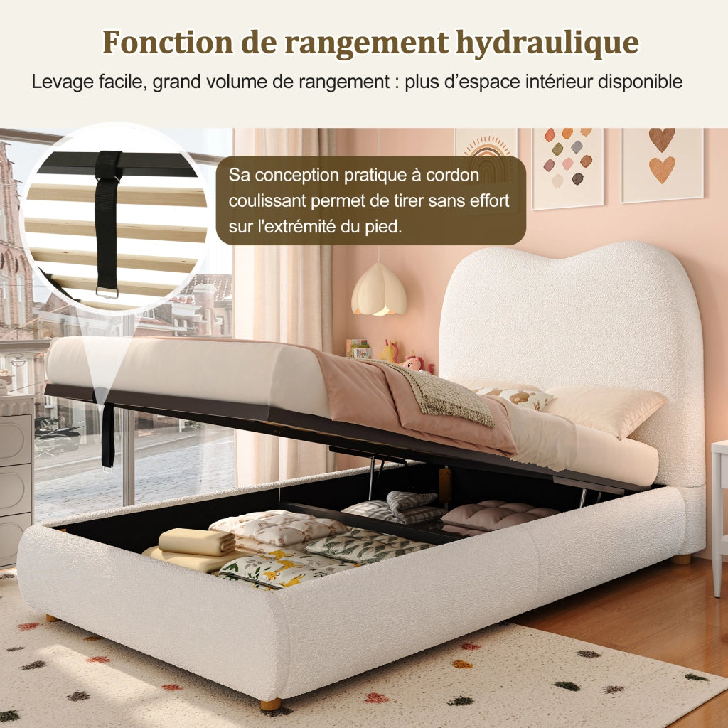 Letto contenitore imbottito con rete a doghe e testiera in bouclé beige