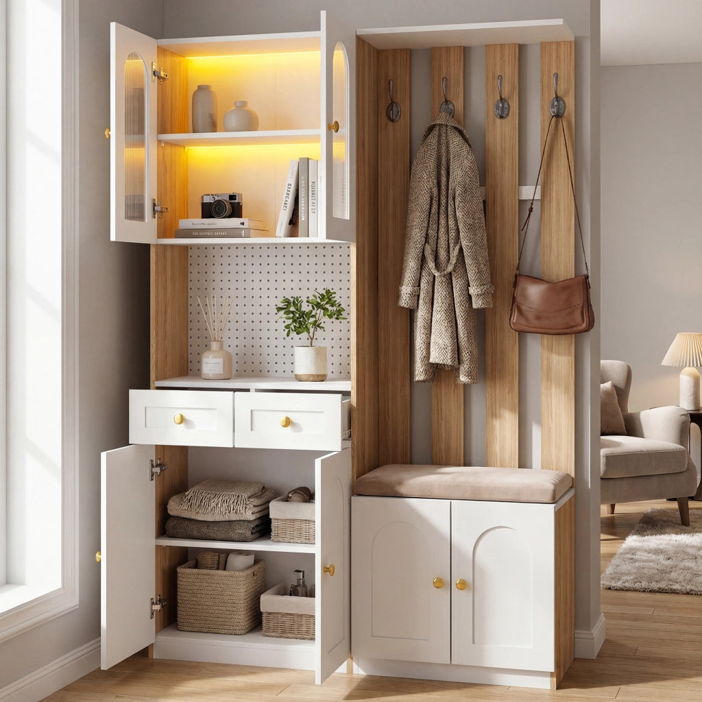Mobili per l'ingresso, guardaroba con seduta e illuminazione a LED, scarpiera per l'ingresso, finitura effetto legno, bianco