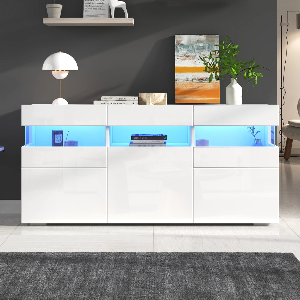 Credenza con LED e 3 ante, 7 vani e vano semiaperto, frontale lucido, per soggiorno, bianca, 140 × 40,5 × 66,5 cm
