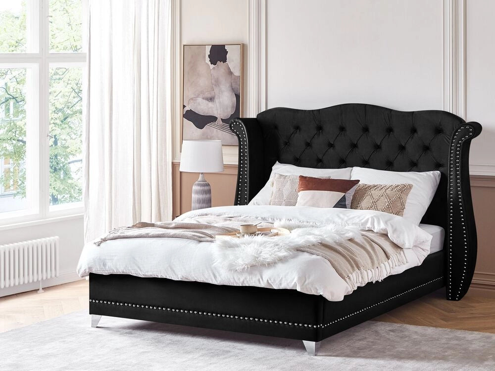 Letto 180 x 200 cm Velluto Nero Base a doghe Bottone trapuntato testiera