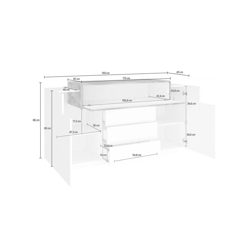 Credenza Arbon, Madia di design a 3 ante, Made in Italy, Mobile Porta TV, Buffet da soggiorno, cm 160x45h86, Bianco lucido e Acero
