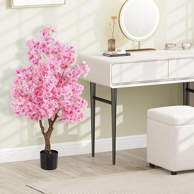 Albero di Ciliegio Artificiale da 118 cm con Fiori Rosa, Tronco PE Multiramo e Base Riempita di Cemento, Pianta Finta da Interno ed Esterno in Vaso per Ufficio, Casa, Matrimonio