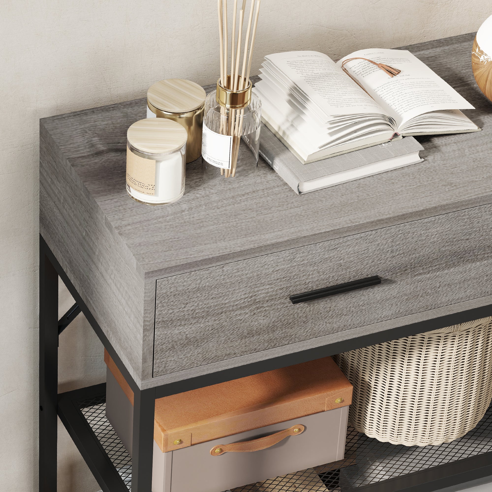 Consolle da Ingresso 100x35x92 cm con 2 Cassetti 2 Ripiani e Gancio Laterale in Legno e Metallo Nero e Legno