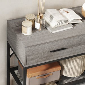 Consolle da Ingresso 100x35x92 cm con 2 Cassetti 2 Ripiani e Gancio Laterale in Legno e Metallo Nero e Legno