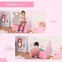 Panca Contenitore con Schienale in Legno per Bambini da 3-6 Anni, 60x30x50 cm, Rosa