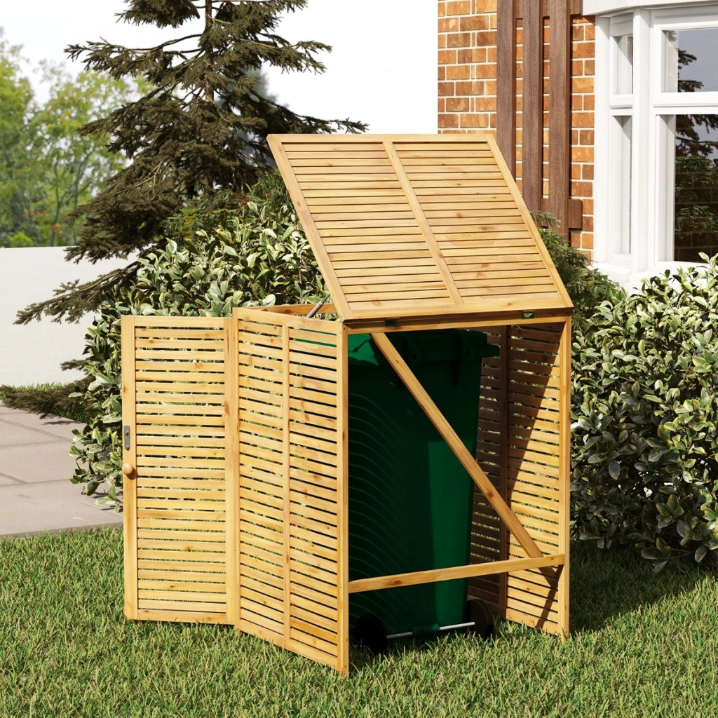 Casetta per bidone della spazzatura in legno da 120L, Rifugio esterno per contenitore rifiuti con coperchio apribile Naturale-Casette da giardino