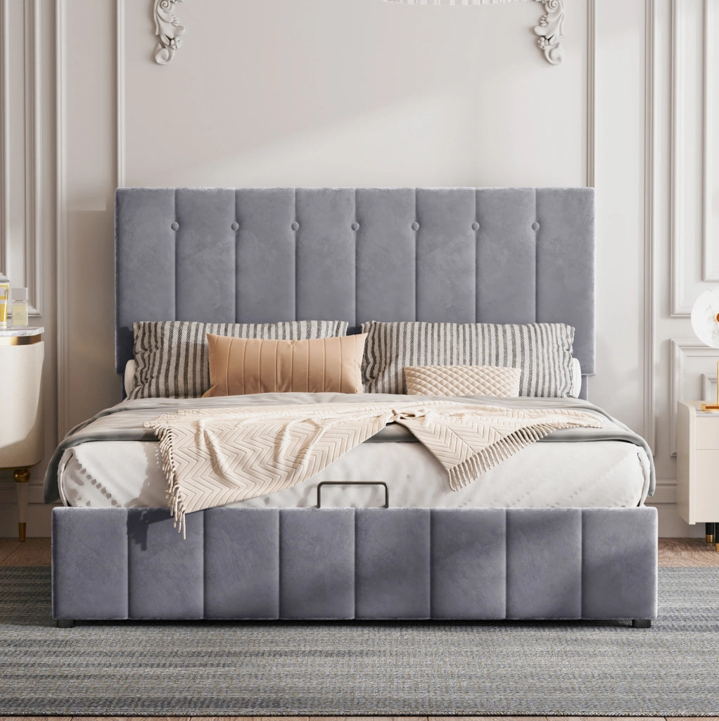Letto imbottito contenitore 140x200 cm con rete a doghe; velluto grigio