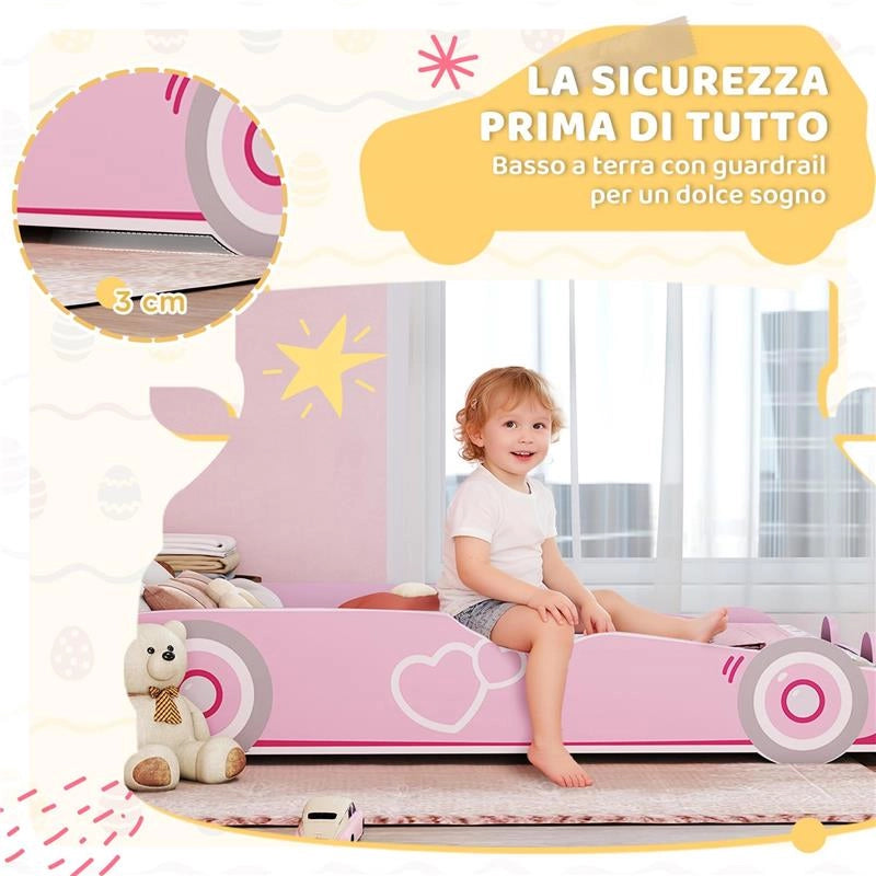 LETTO PER BAMBINI DA 3-5 ANNI A FORMA DI MACCHINA CON SPONDE RIALZATE DI SICUREZZA, 140X70 CM, ROSA