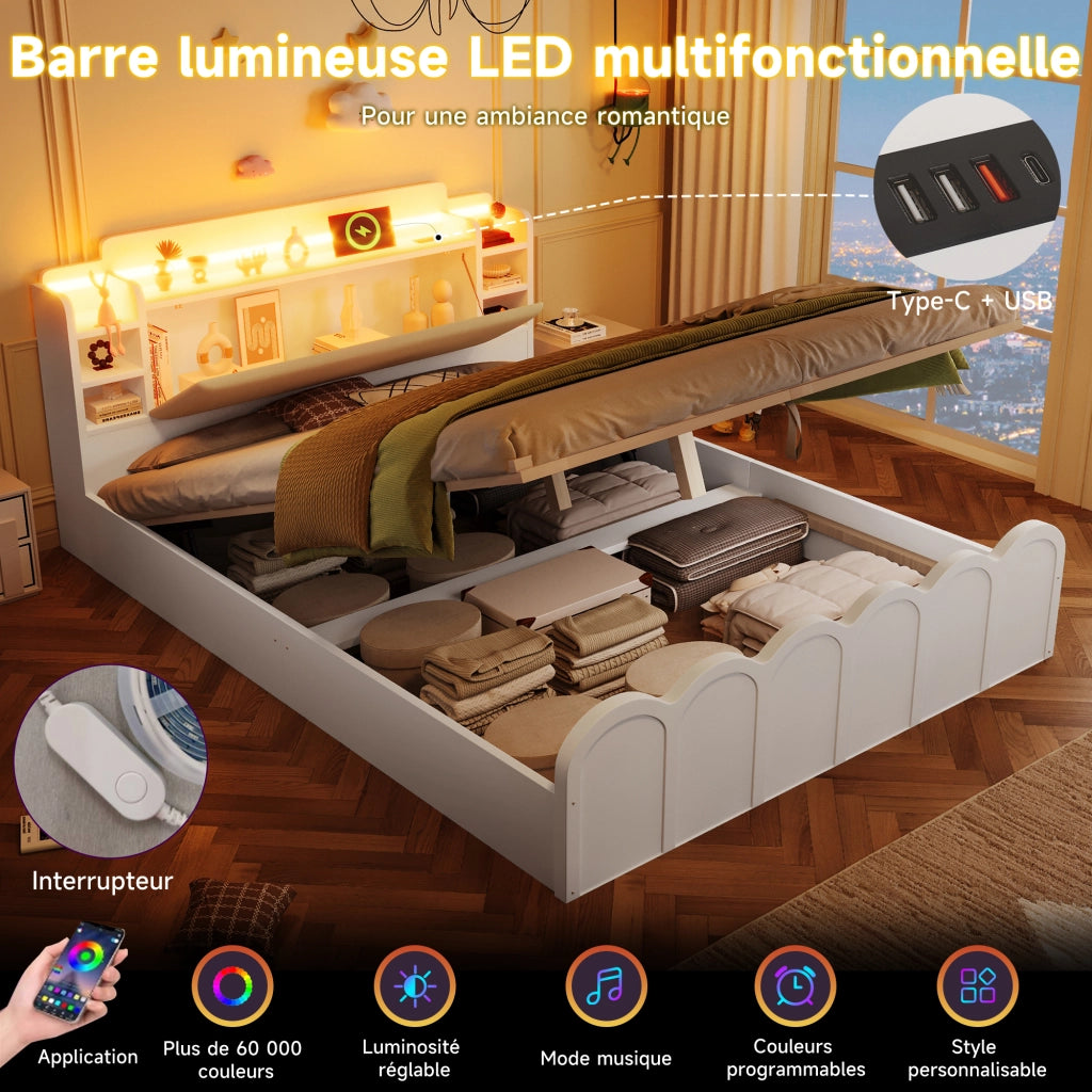 OKWISH Letto Contenitore 140×200 cm, Letto Matrimoniale con Box Idraulico, USB, Type C, LED Regolabile e Ripiani, senza Materasso, Bianco