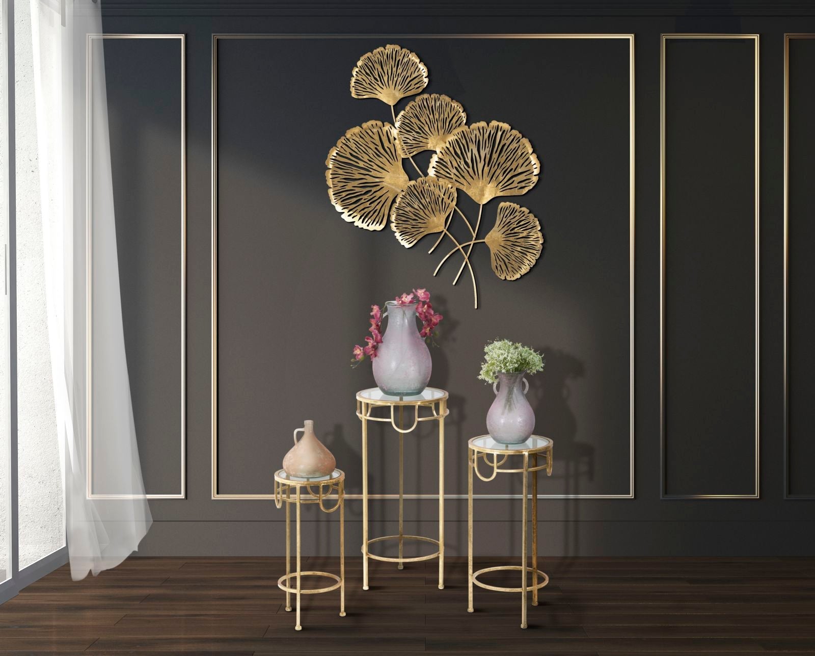 Porta Telefono Oro Set 3 Pz Ø33x70 -28x60-23x50 cm in Ferro e Vetro Oro