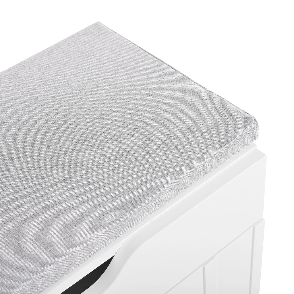 Scarpiera a 3 ante con cassetto e seduta imbottita in MDF bianco per ingresso 90 × 35 × 74,5 cm
