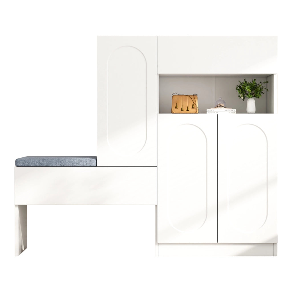 Scarpiera con 2 Ante e Panca Imbottita; Ripiani Regolabili; Chiusura Ammortizzata; in Truciolare; Bianco; 130×35×110 cm