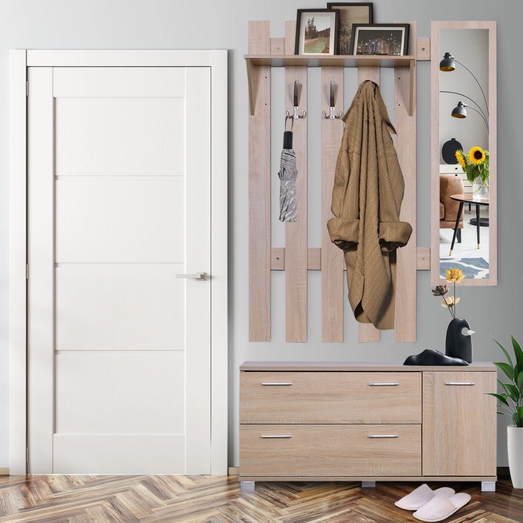 Set Ingresso con Specchio Appendiabiti Scarpiera 3 Ganci Ripiani e 2 Cassetti ¨C Zephmum ¨C Rovere