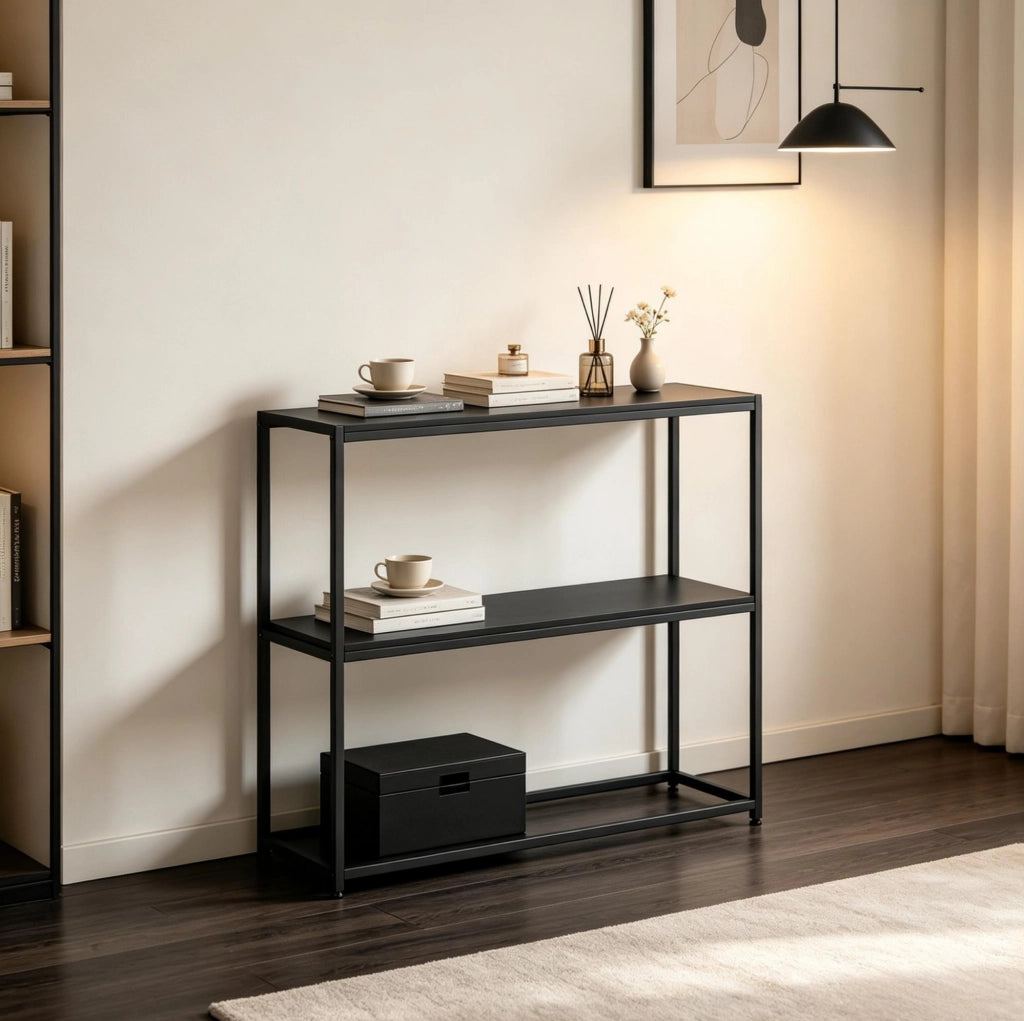 Consolle da ingresso 100x30x87 cm in acciaio e truciolare, nera, 2 livelli –