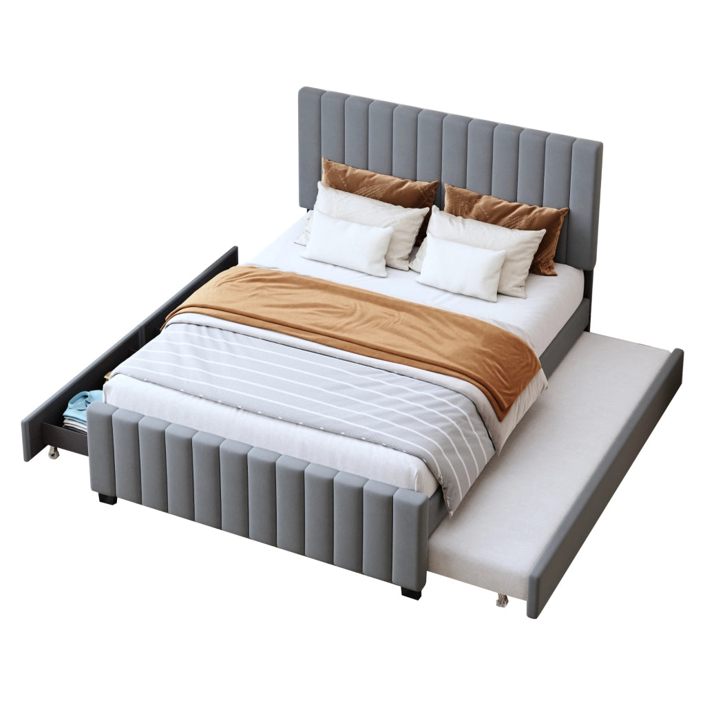 OKWISH Letto con Cassetti 140×190 cm, Letto Matrimoniale con Letto Estraibile 90×190 cm, 2 Cassetti e Testiera Imbottita, senza Materasso, Grigio